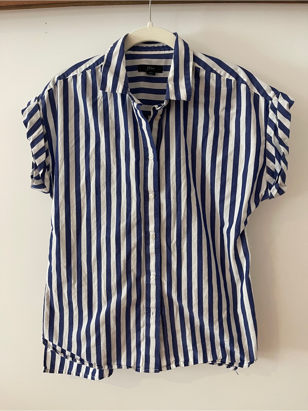 J. Crew White and Blue Vertical Stripe Short-Sleeve Button-Down Shirt